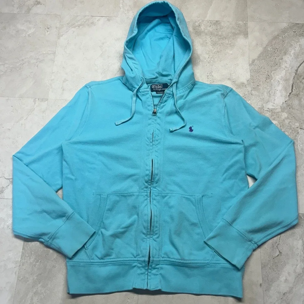 Polo Ralph Lauren Zip Up Hoodie Turquoise Blue Mens Size M Pique Cotton Pony